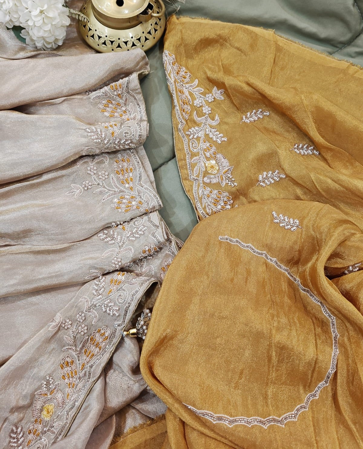 Ivory & Mustard Grace – Handwork Tissue Saree