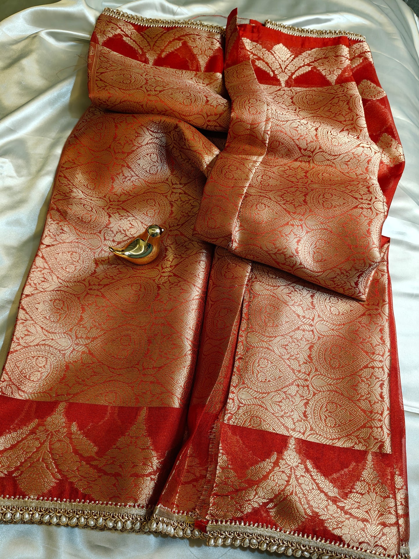 Red Semi Tissue Banarasi with Lace Border