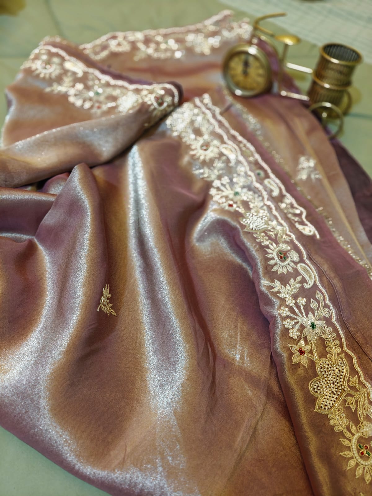 Blush-Mauve Tissue Handwork Saree