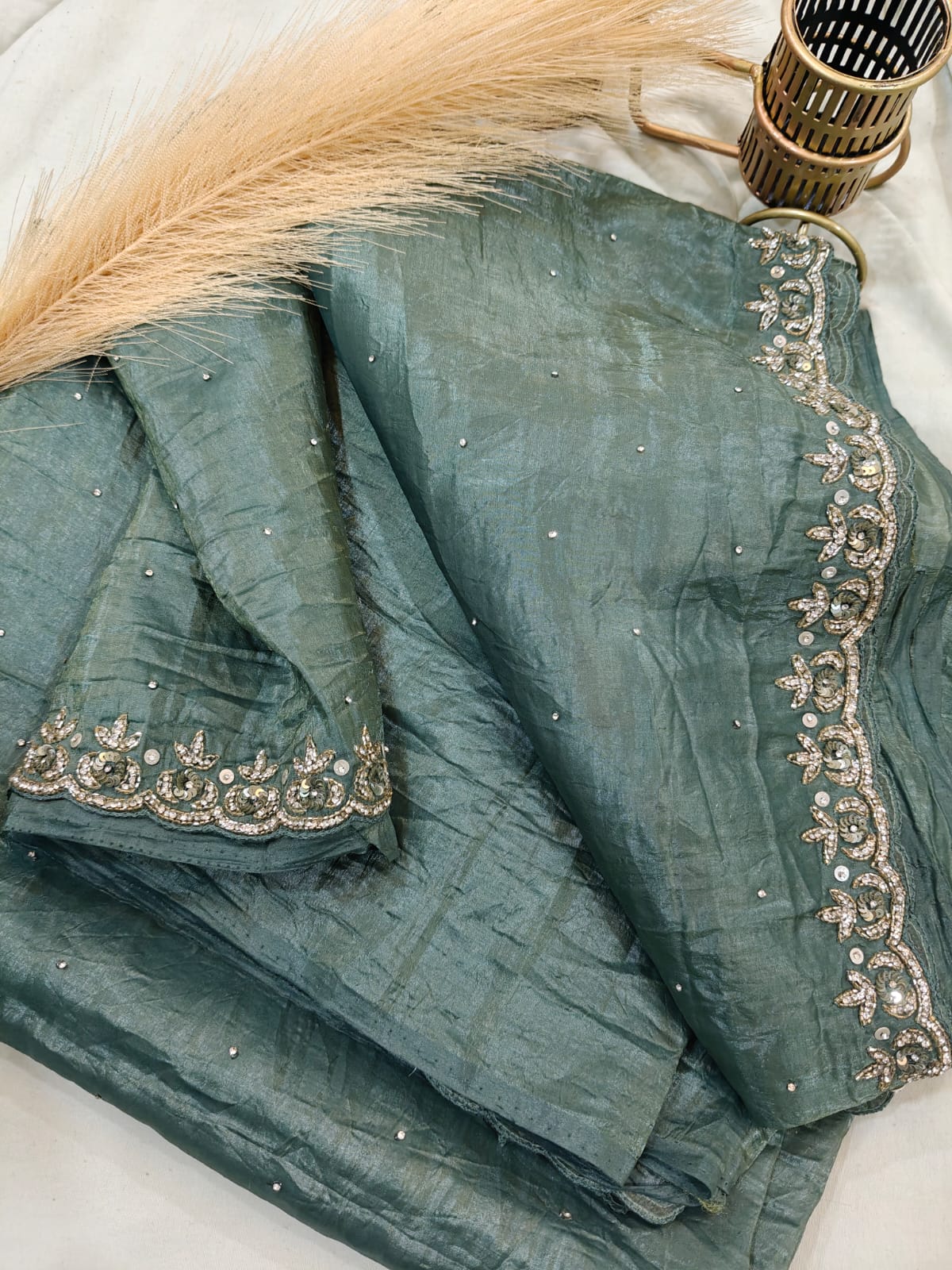 Sage-green Handwork Crushed Tissue Saree