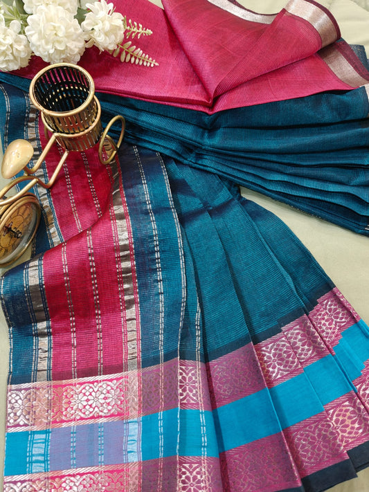 Teal Blue Magenta Border Mangalagiri Saree