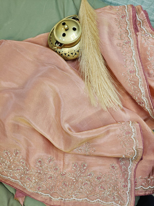 Peach Glow – Handwork Tissue Saree