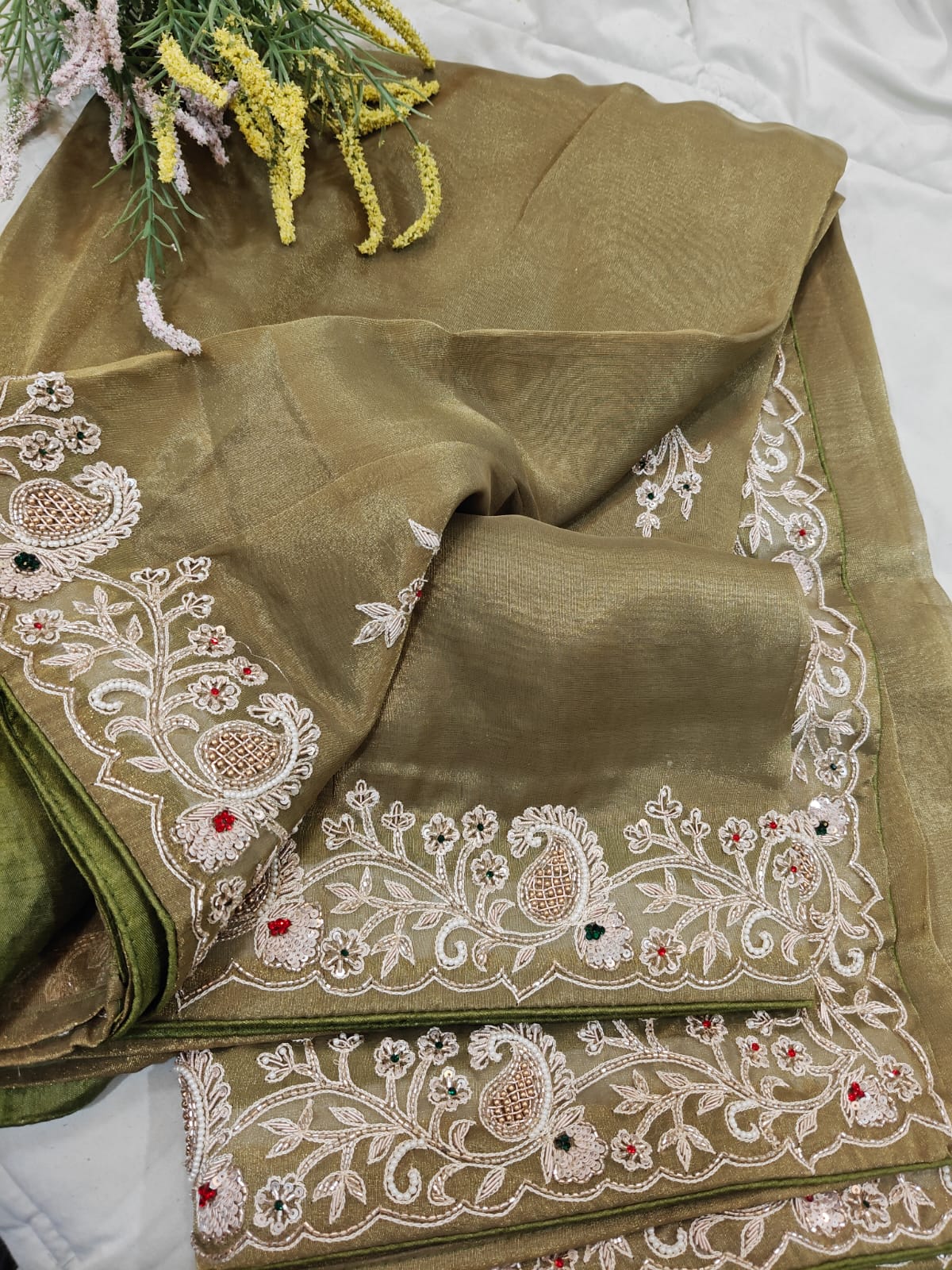 Noor-e-Olive – Intricate Tissue Handwork Saree