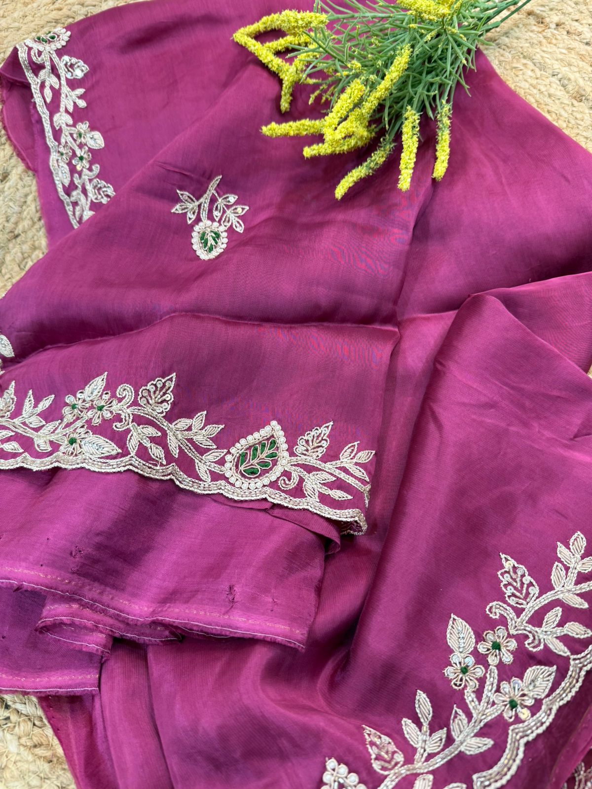 Rich Magenta Blossom Silver Handwork Crepe Saree