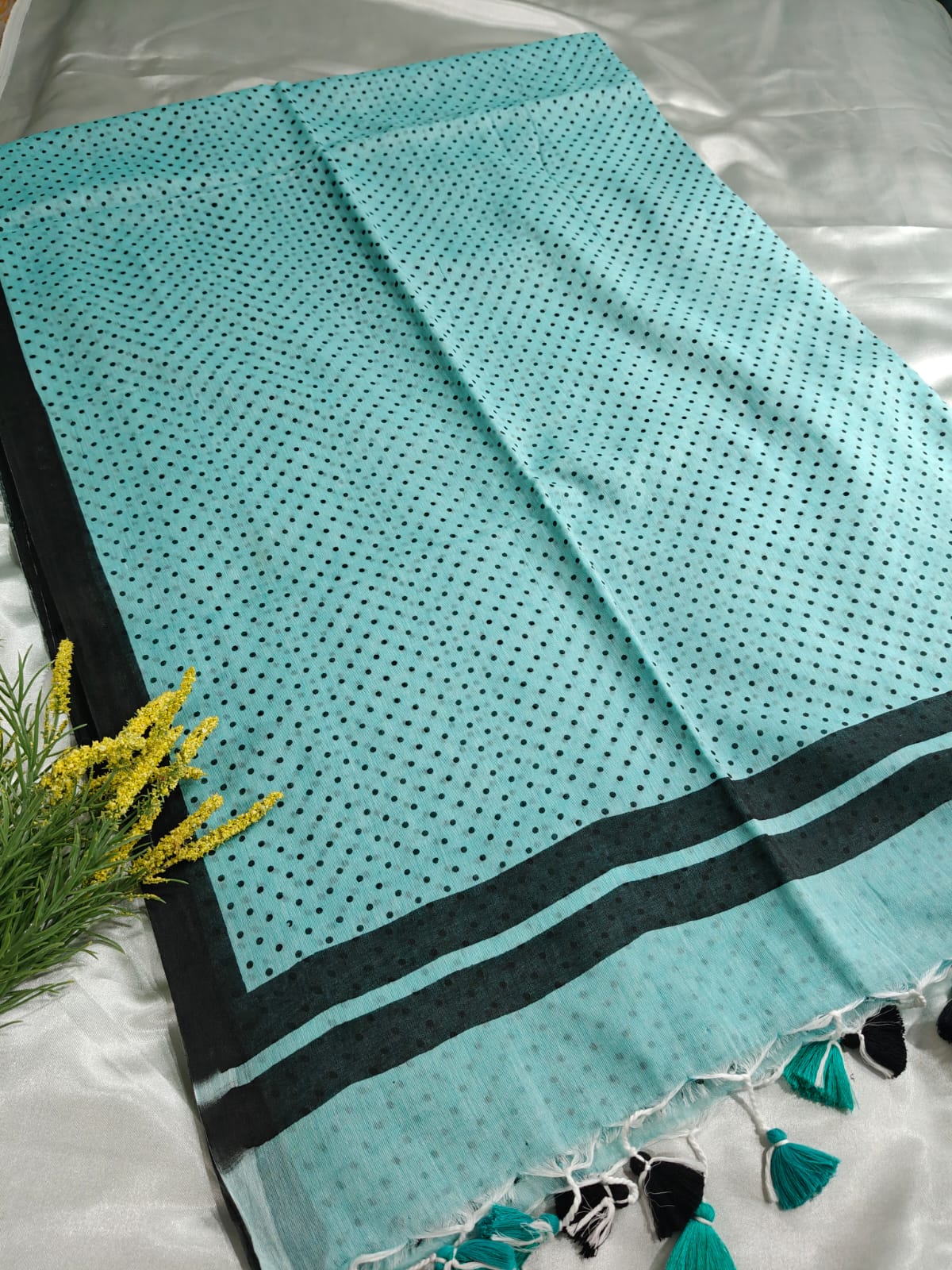 Aqua Blue Polka Mul Cotton Saree with Contrast Black Border
