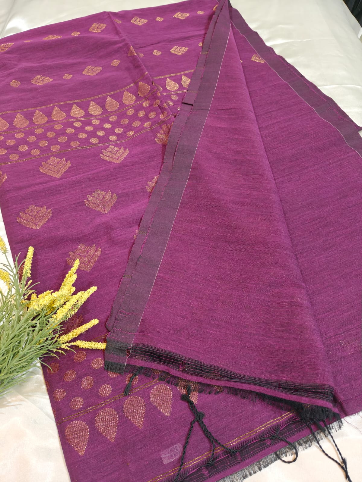 Wine Organic Linen Saree Gold Antique Zari Buttas
