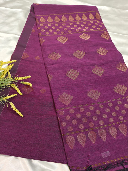 Wine Organic Linen Saree Gold Antique Zari Buttas