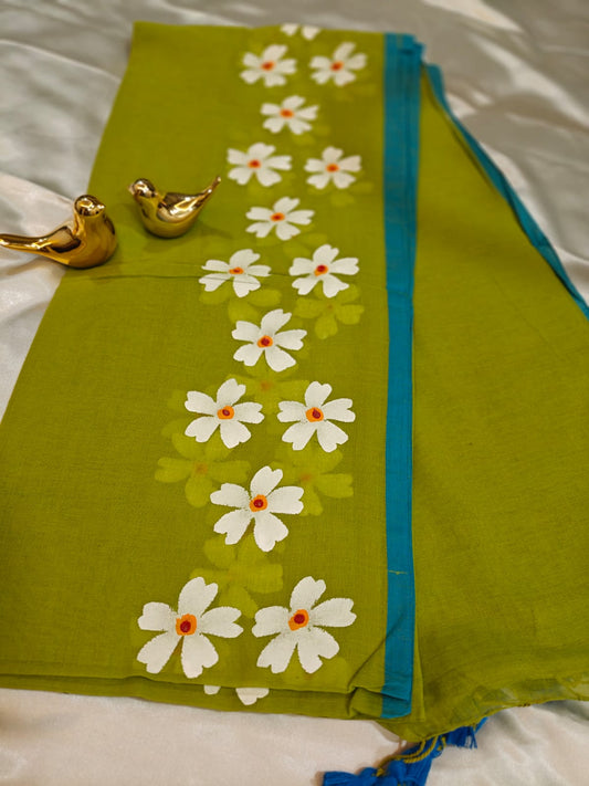 Parrot Green Mul Cotton Saree with Hand Painted Floral Border