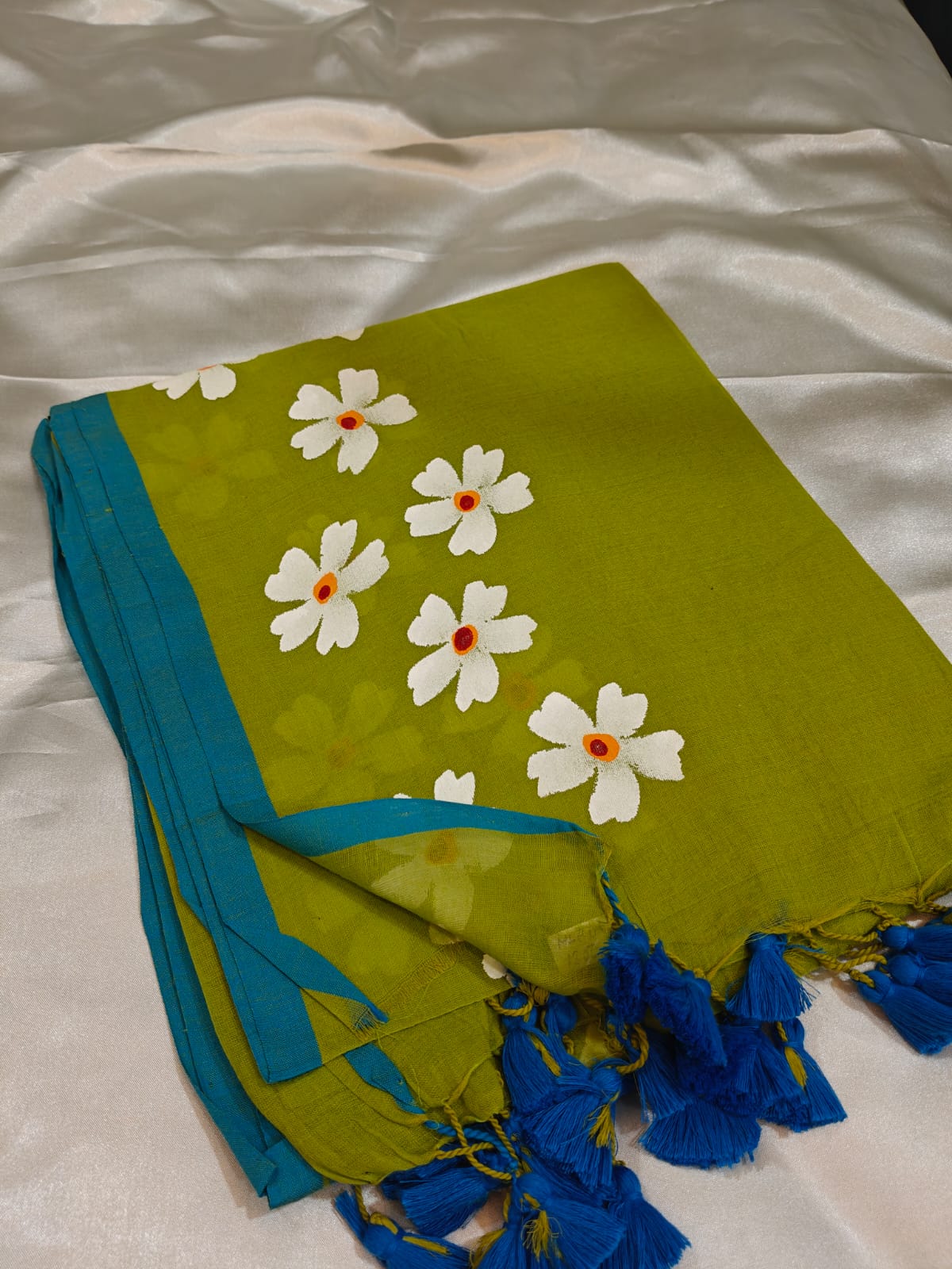 Parrot Green Mul Cotton Saree with Hand Painted Floral Border