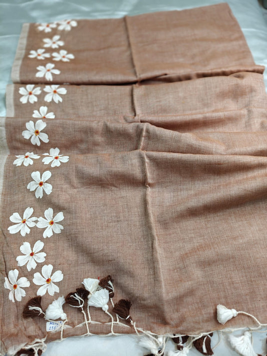 Mocha Brown Mul Cotton Saree with Hand-Painted White Florals