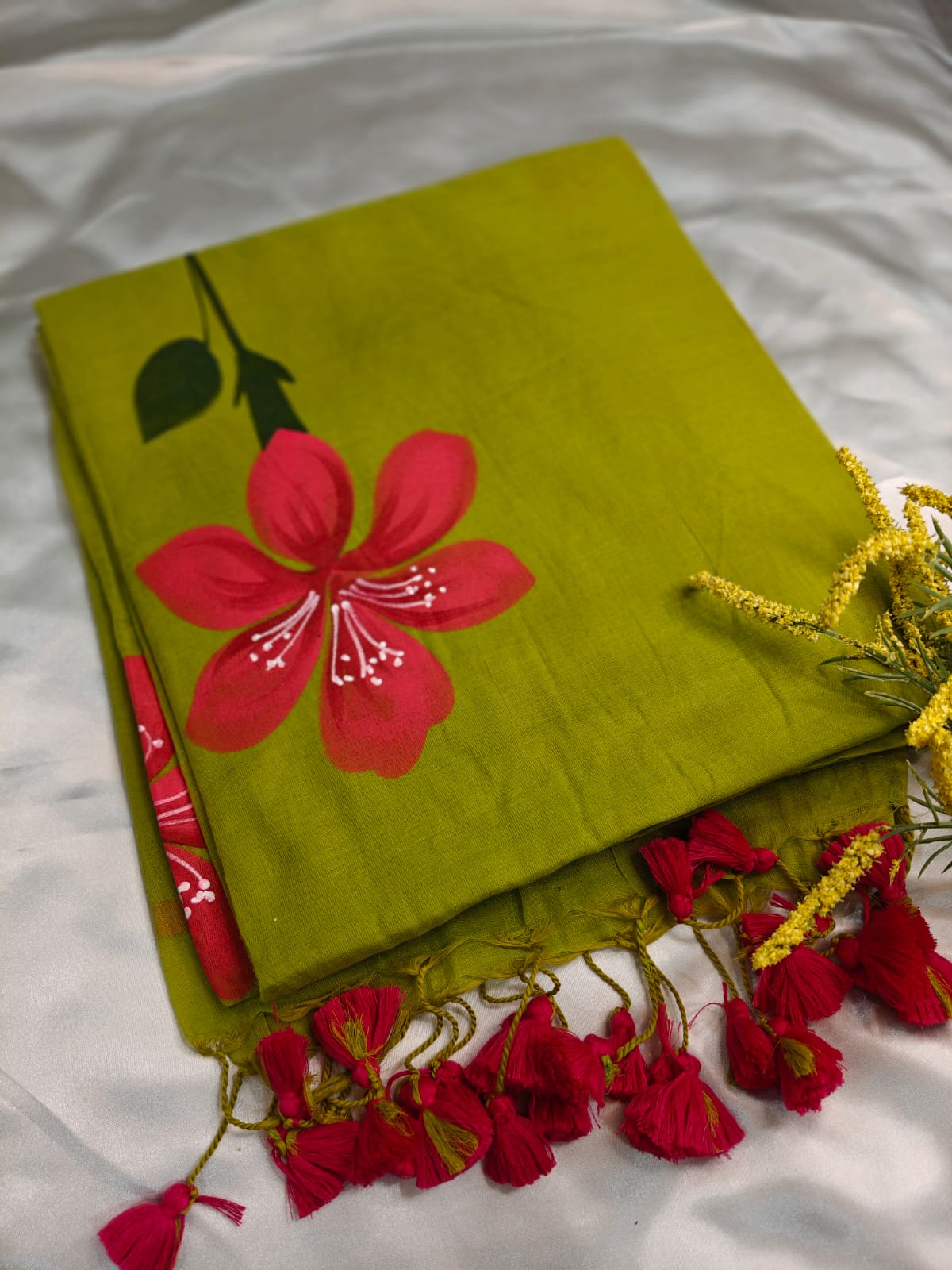 Lime Green – Hand-Painted Floral Mul Cotton Saree