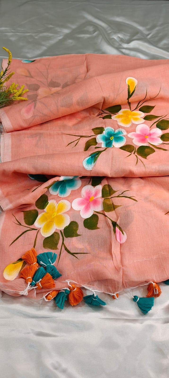 Soft Peach – Hand-Painted Floral Mul Cotton Saree