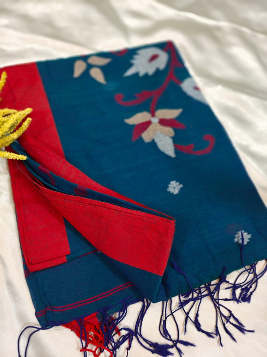 Teal Blue Handwoven Mul Cotton Jamdani Saree