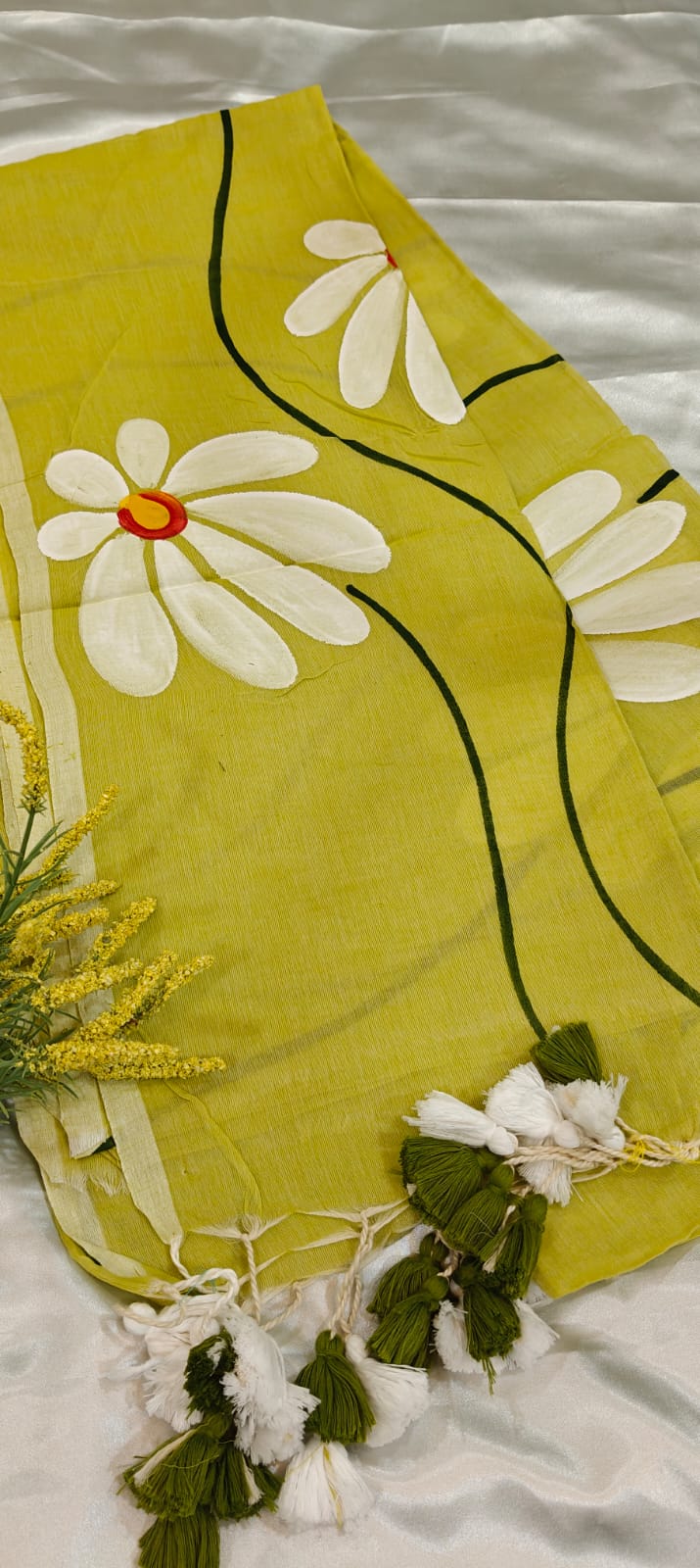 Lemon Yellow Hand Painted Mul Cotton Saree