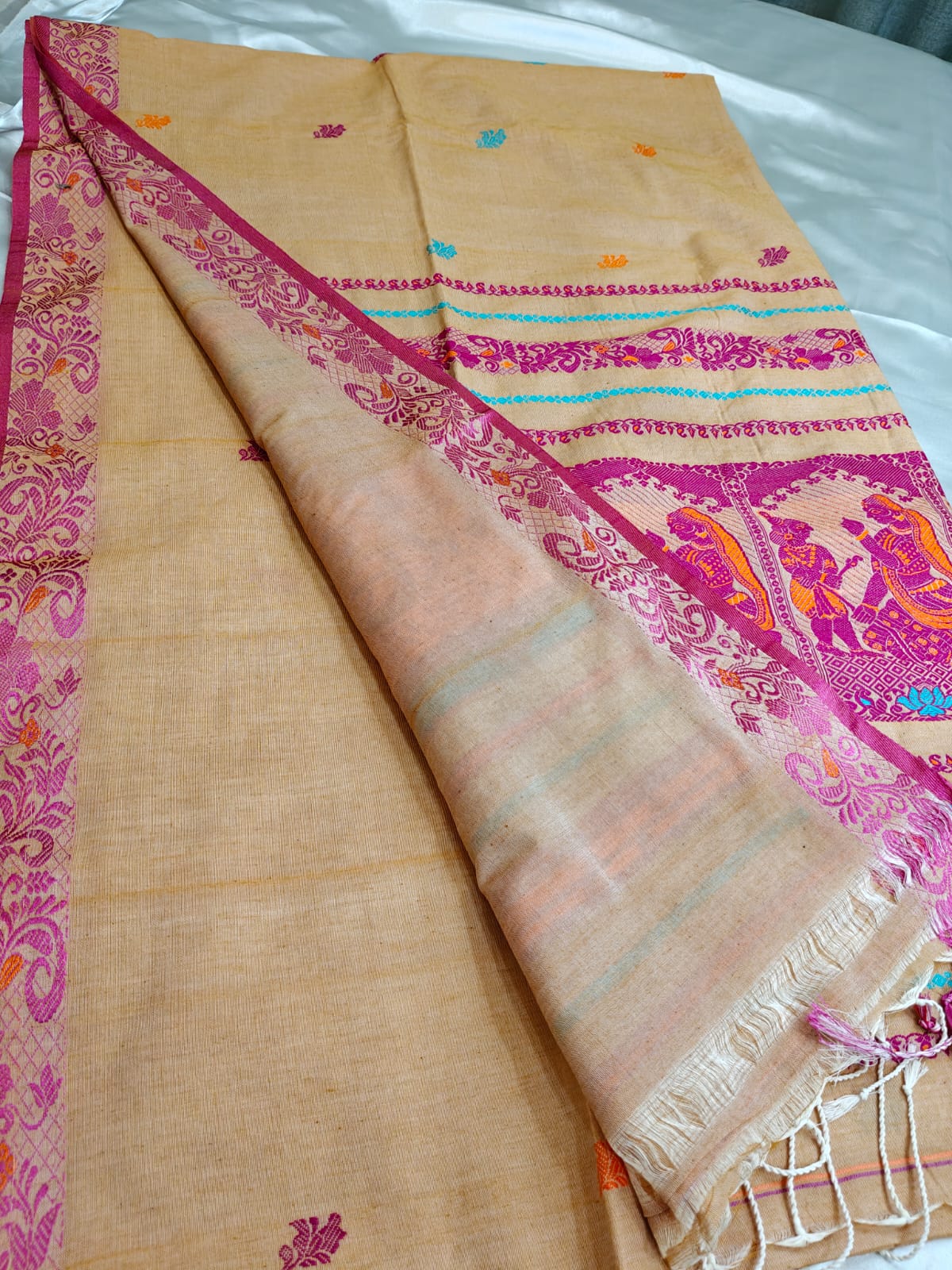 Warm Sand Cotton Baluchari Saree with Magenta & Teal Motifs