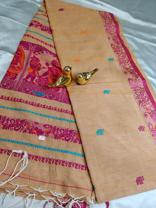 Warm Sand Cotton Baluchari Saree with Magenta & Teal Motifs