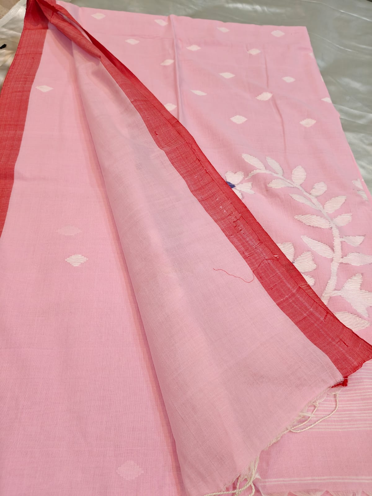 Blush Pink Handwoven Jamdani Saree with Contrast Red Border