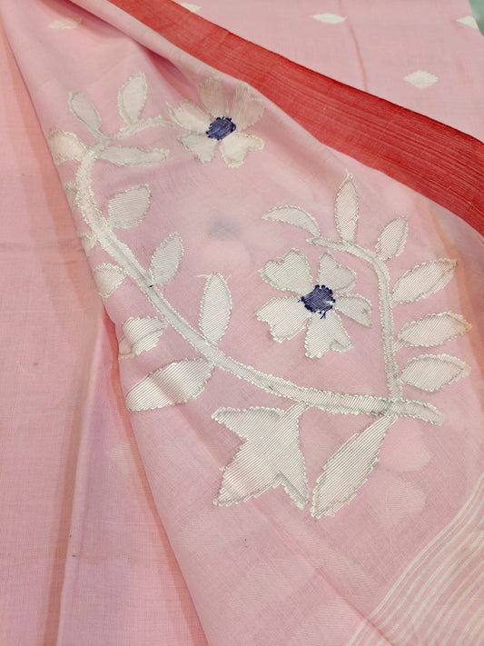 Blush Pink Handwoven Jamdani Saree with Contrast Red Border