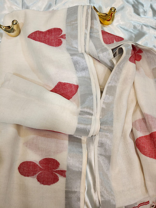 Heart Motif Pure Linen Jamdani