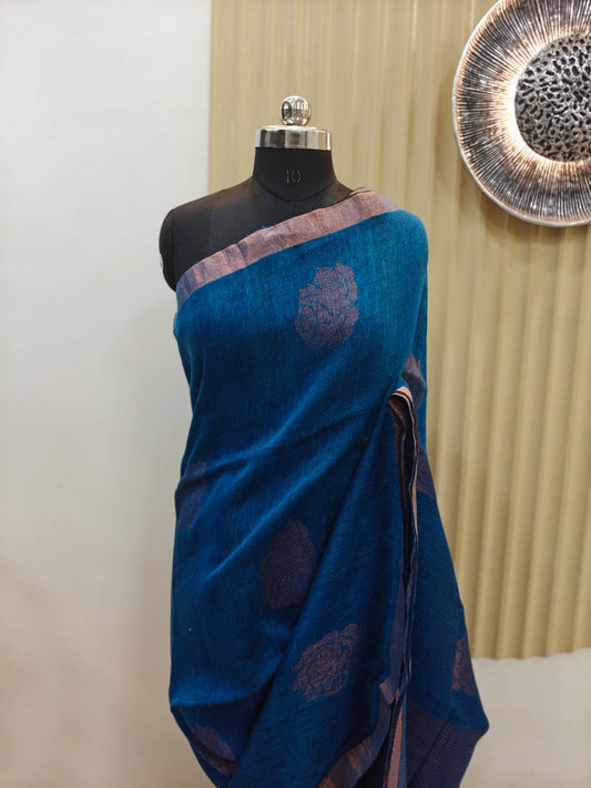 Teal Blue Linen Saree with Woven Rose Motif