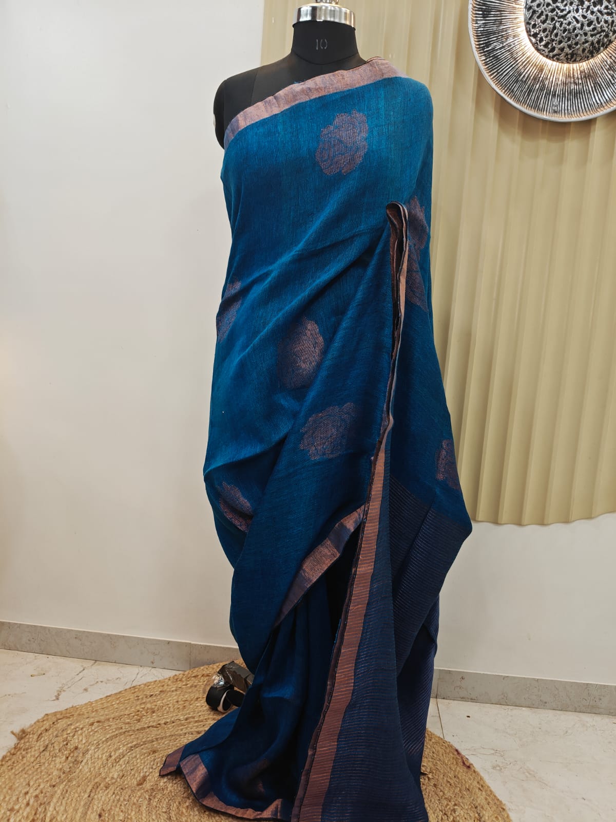 Teal Blue Linen Saree with Woven Rose Motif