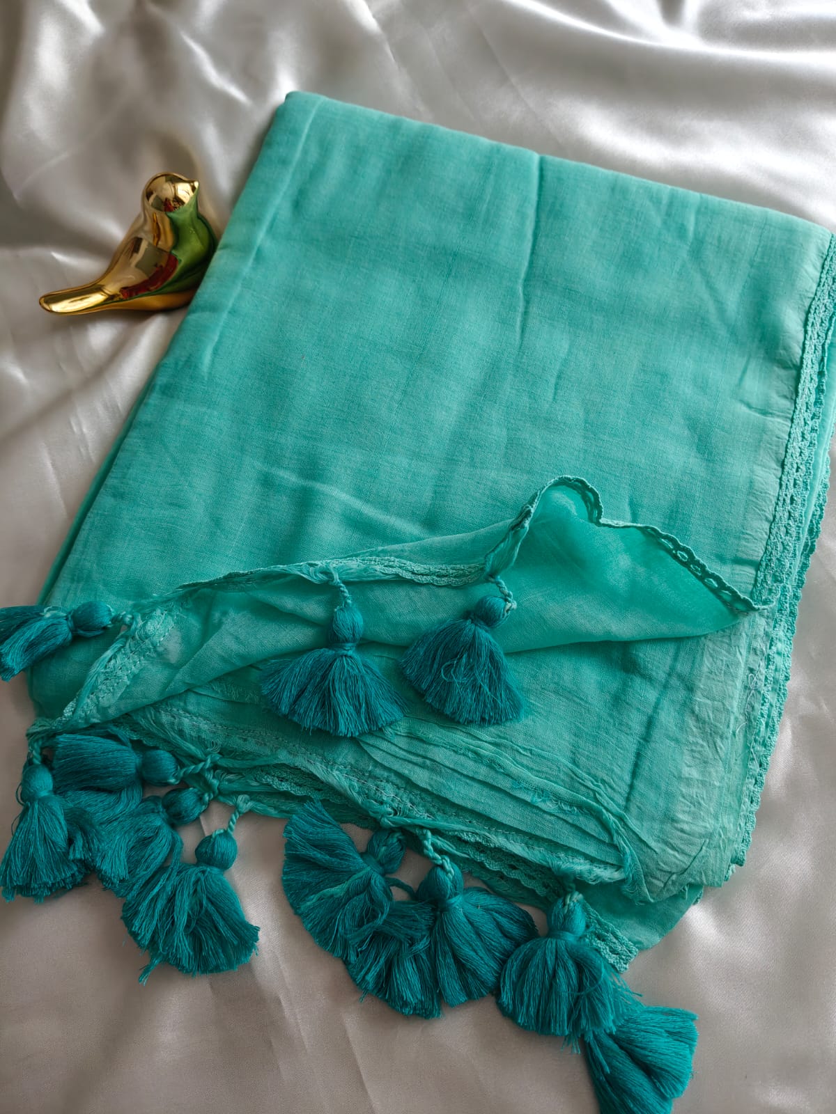 See Green Plain Mul Cotton Saree with Lace Border