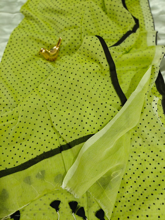 Lime Green Polka Dot Mul Cotton Saree