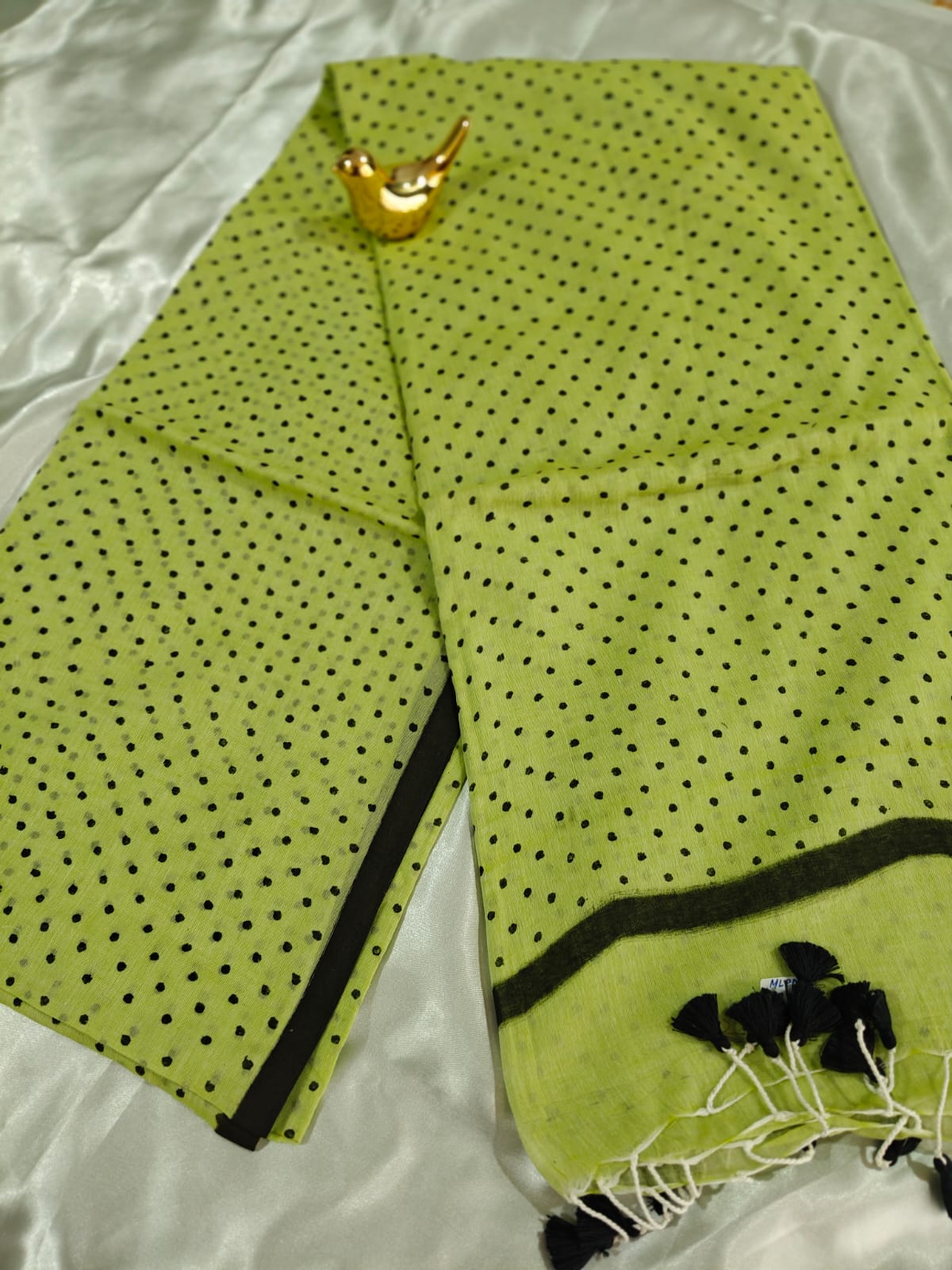 Lime Green Polka Dot Mul Cotton Saree