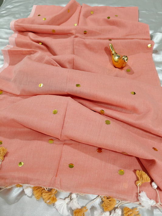 Light Peach Gini Mul Cotton Saree