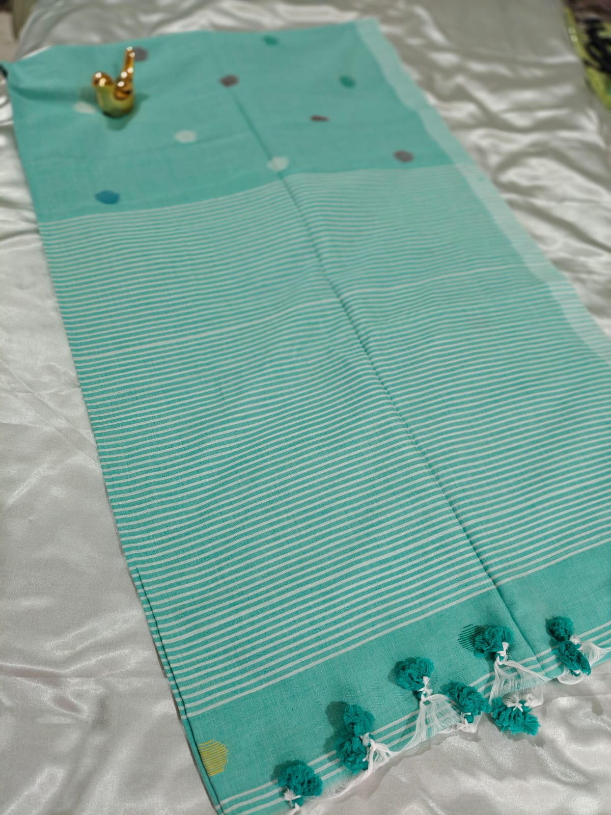 Aqua Blue Ball Buta Mul Cotton Saree