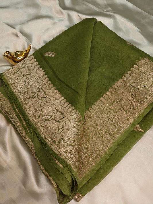 Mosh Green Pure Khaddi Chiffon Georgette Banarasi