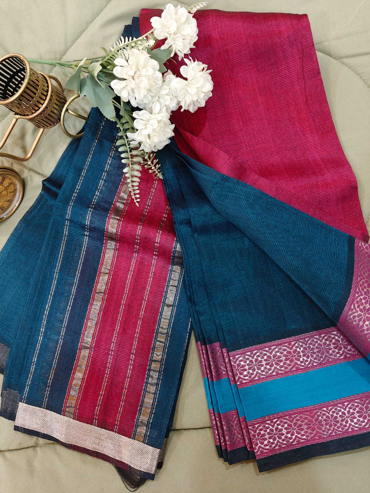 Teal Blue Magenta Border Mangalagiri Saree