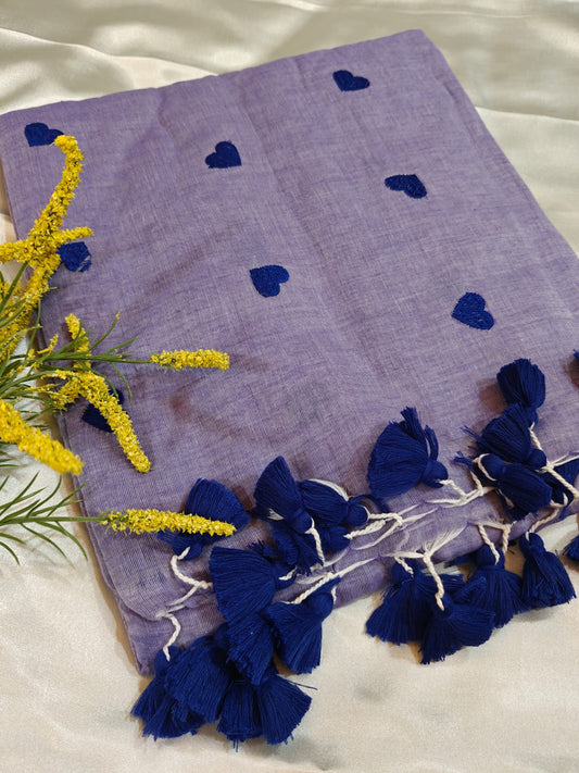 Lavender Heart Embroidery Mul Cotton Saree
