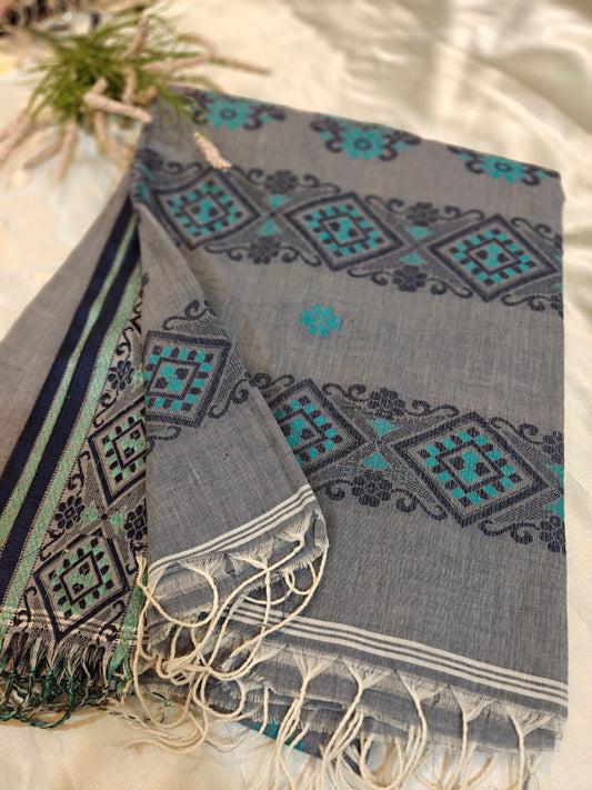 Grey Handloom Cotton Saree with Traditional Woven Border