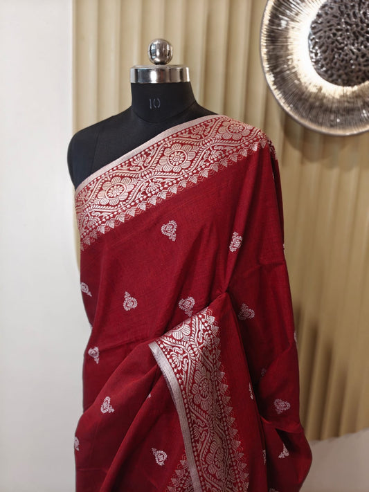 Maroonish Red Assam Khadi Cotton Saree