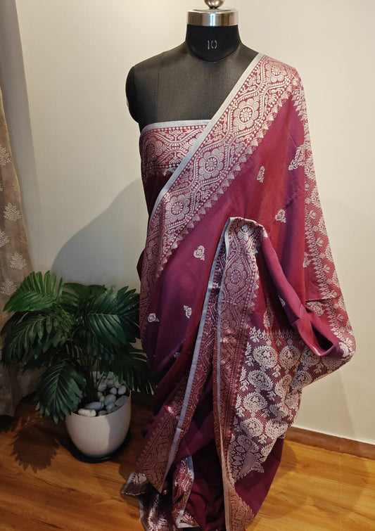 Magenta Assam Khadi Design Cotton Saree
