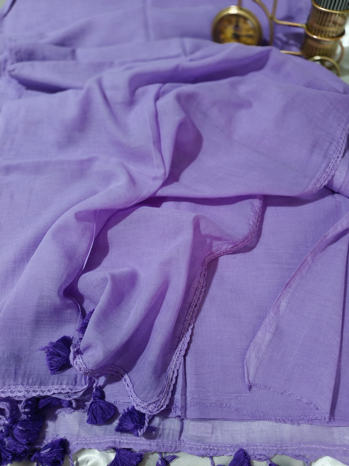 Light Purple Plain Body with Lace Border Mul Cotton Saree