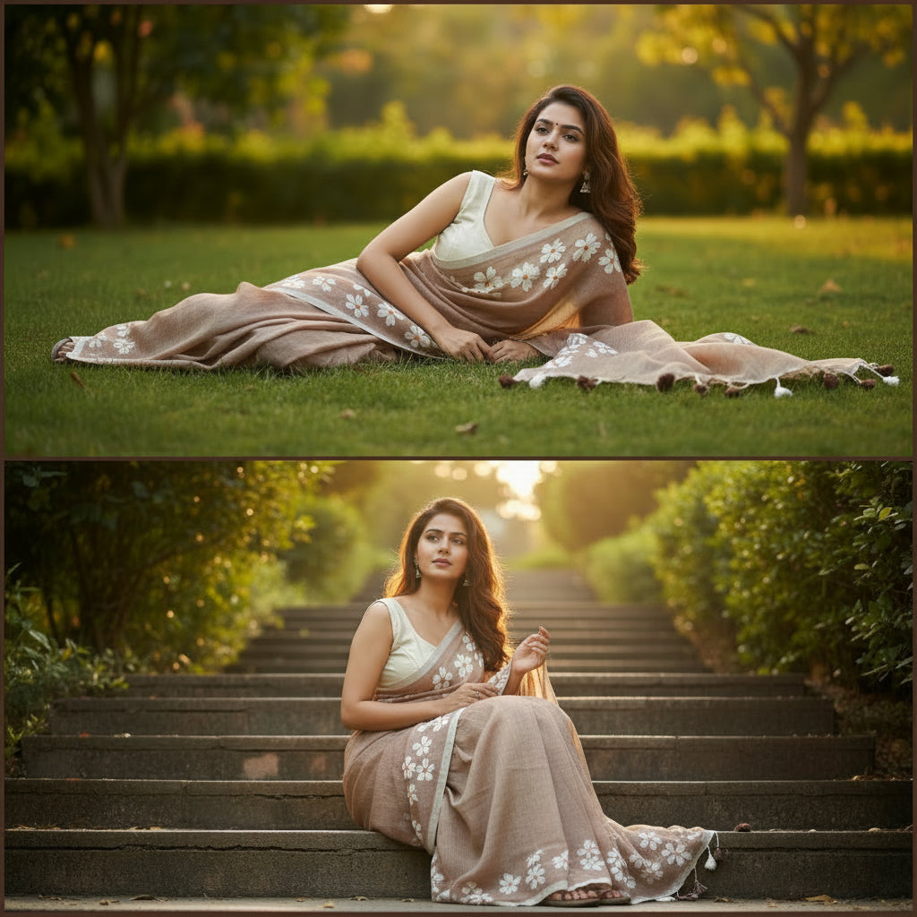 Mocha Brown Mul Cotton Saree with Hand-Painted White Florals
