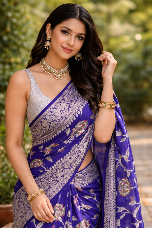 Royal Blue Semi Khaddi Georgette Banarasi