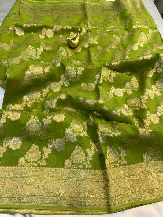 Parrot Green Semi Khaddi Georgette Saree