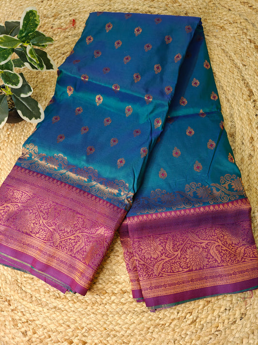 Peacock Blue Paithani Saree with Purple Zari Border
