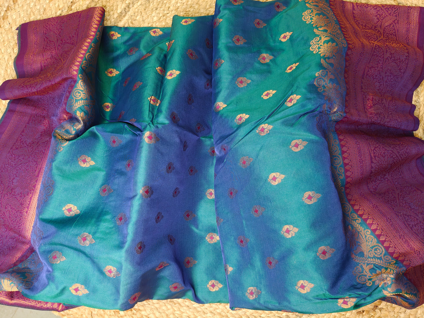 Peacock Blue Paithani Saree with Purple Zari Border