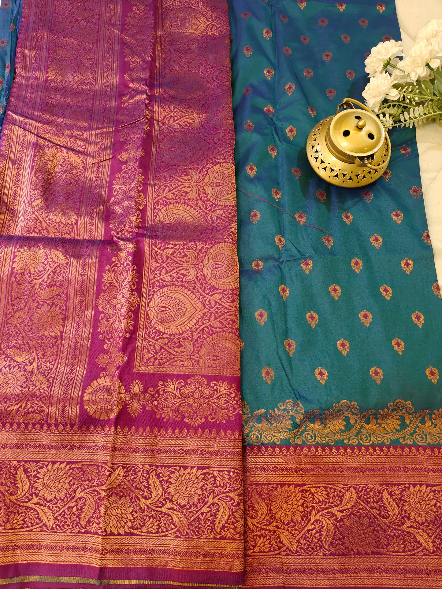Peacock Blue Paithani Saree with Purple Zari Border