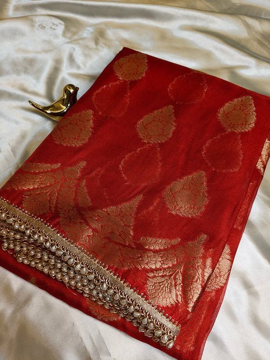 Red Semi Tissue Banarasi with Lace Border