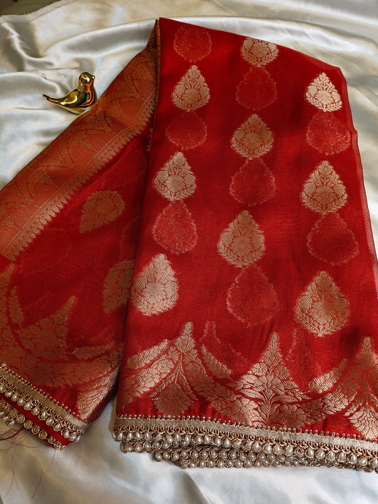 Red Semi Tissue Banarasi with Lace Border