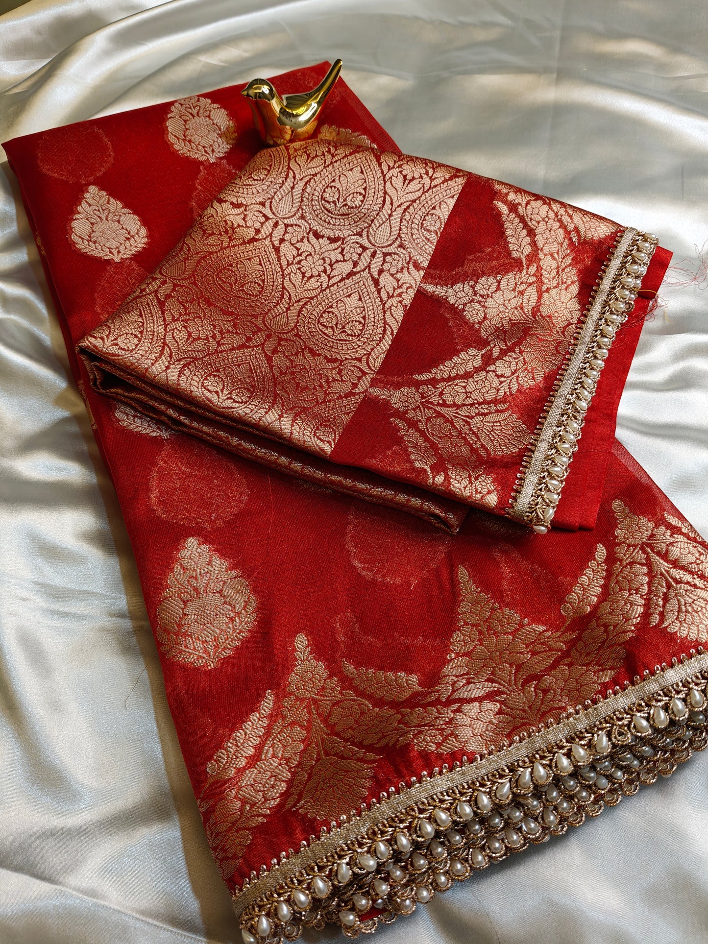 Red Semi Tissue Banarasi with Lace Border