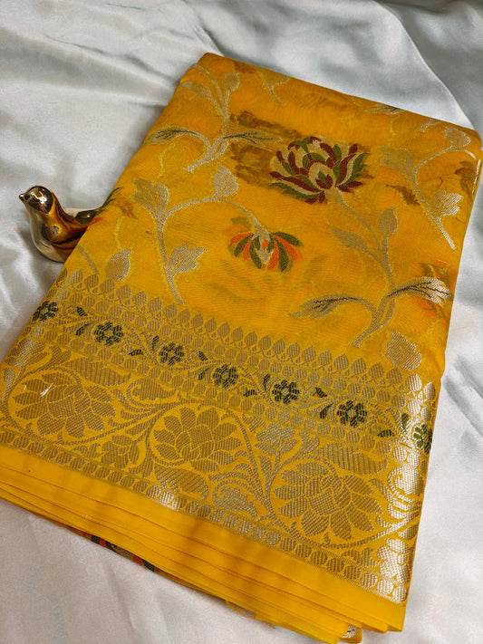 Yellow Semi Khaddi Georgette Banarasi