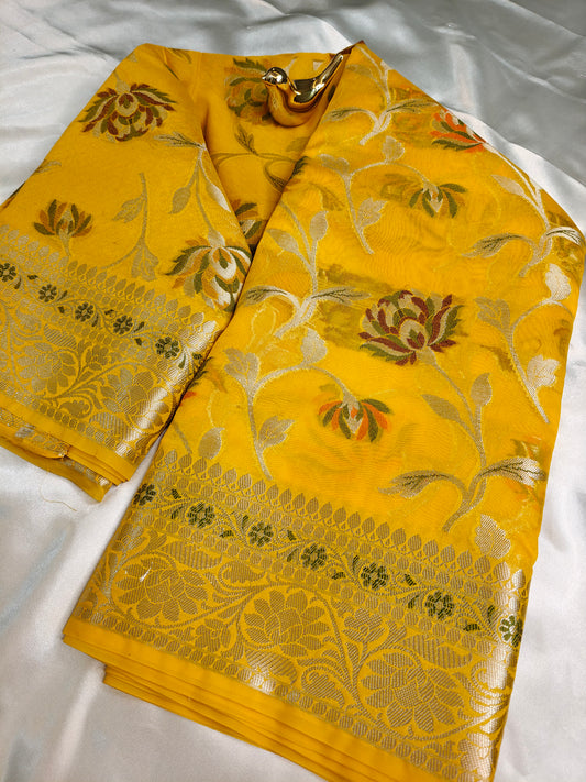 Yellow Semi Khaddi Georgette Banarasi