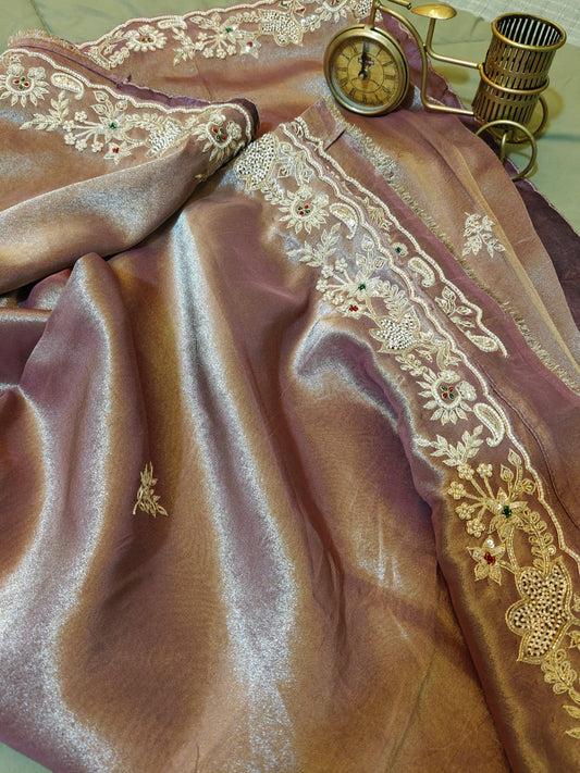 Blush-Mauve Tissue Handwork Saree