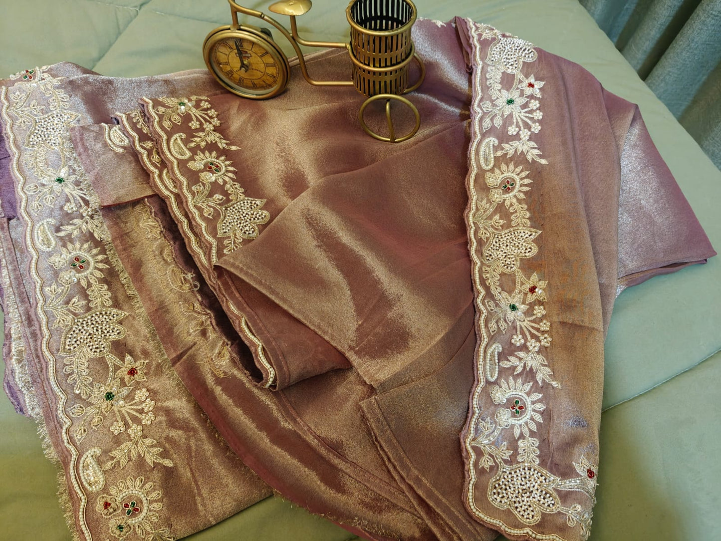 Blush-Mauve Tissue Handwork Saree